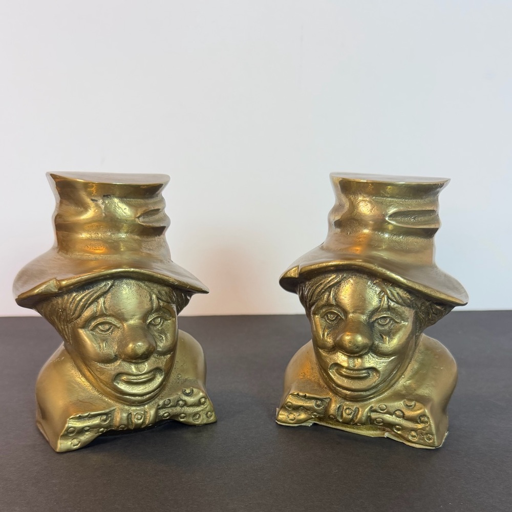 Vintage Cast Brass Clown Bookends Mid Century Modern Figurative MCM Decor